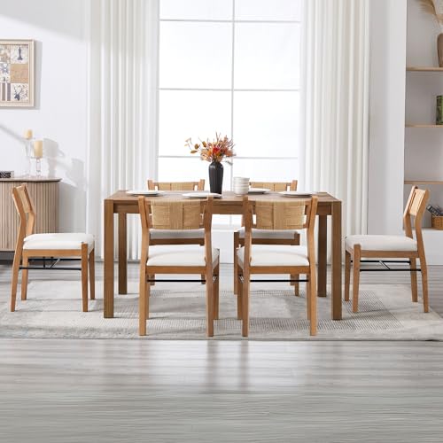 BESTANO Modern Armless Dining Chairs with Rope Woven Back Set of 6, Beige Linen Fabric Upholstered Kitchen & Dining Room Chairs, Mid-Century Classic Farmhouse Wooden Side Chair - color: Beige, size: 6 Chairs