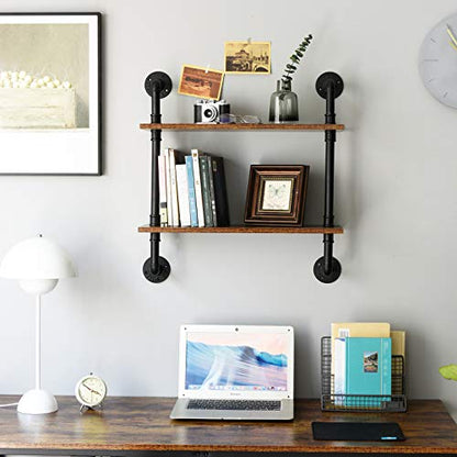 IBUYKE 2-Tiers Industrial Pipe Shelves, Pipe Floating Shelves RF-TM004 | Rustic Wall Mount Bookcase,Metal Bracket Storage Wall Shelf for Bedroom, Kitchen - size: 2 Tier