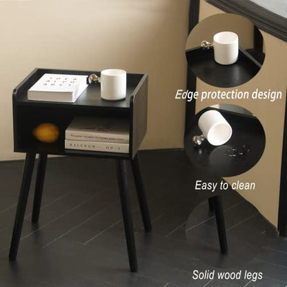 MaxSmeo Nightstand, Mid Century Modern Side Table Bedroom with Storage, Small End Bedside Table with Solid Wood Legs for Living Room, Office Small Spaces (Black) - color: Black