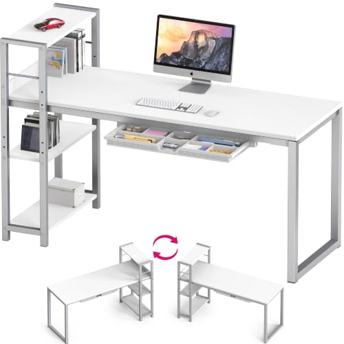 SHW 46-Inch Home Office Computer Desk w/Side Shelf & Drawer, White | w/ Reversible Adjustable Shelf | Drawer with adjustable compartments - color: White