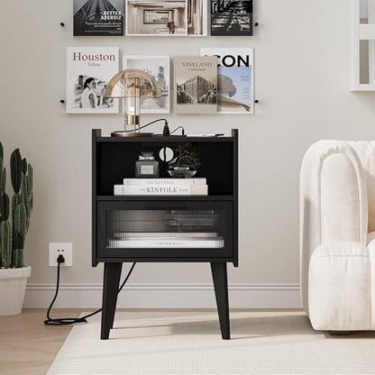 MMEOLUOOK Nightstand with Charging Station, Bedside Tables, End Table Side Table with 2 Tiers Storage Space, for Bedroom, Living Room, Black CAMLBZ07BE - color: Black