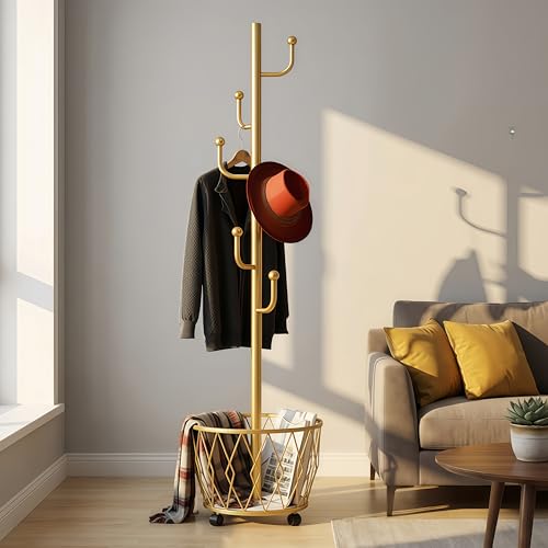 Gold Moveable Cactus Metal Coat Rack with Basket Freestanding 65inch | Modern Organizer for Scarf Jacket Hat Bags Ideal for Home Entryway Bedroom Corner Stable - color: gold