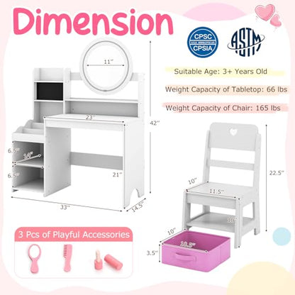 Costzon Kids Vanity, Girls Vanity Set with Mirror and Lights, Jewelry Storage, Shelves, Princess Toddler Makeup Vanity Desk Dressing Table, Wooden Kids Vanity Table and Chair Set (White) - style: White with Jewelry Storage