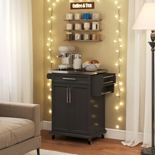 HOMCOM Kitchen Island on Wheels, Rolling Kitchen Cart with Stainless Steel Countertop, Drawer, Towel Rack and Spice Rack, Utility Storage Trolley, Black - color: Black