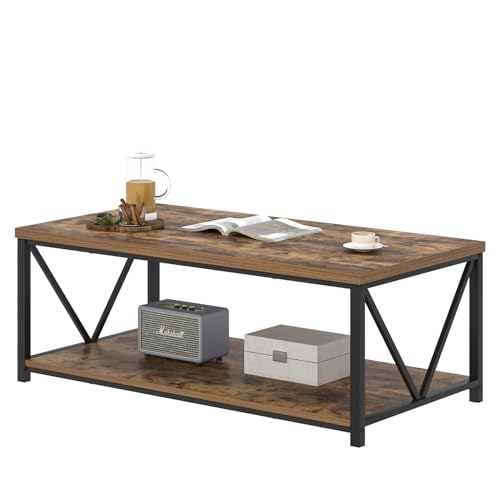 EXCEFUR Modern Coffee Table, Rustic Wood and Metal Living Room Table with Storage Shelf, Industrial Rectangle Center Table, 47 Inch Brown - color: Rustic Brown, size: 47 inch