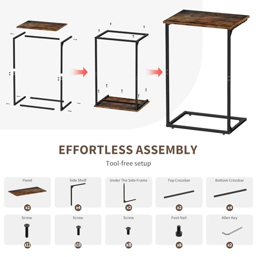 C Shaped End Tables Set of 2, Couch Tables that Slide Under Sofa, High Table TV Trays for Living Room & Bedroom, Modern Side Tables with Sturdy Metal Frame, Rustic Brown (Rustic Brown)