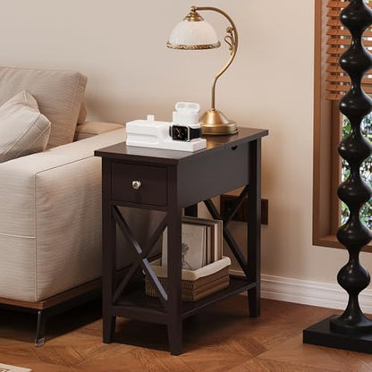 ChooChoo End Table, Flip Top Narrow End Table with Drawer, Set of 2 | Narrow Side Table with Flip Top, Accent Small Side Table Nightstand for Living Room, Bedroom, and Small Spaces, Espresso - color: Espresso, size: 2 Pack, style: Without Power