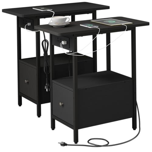 LIDYUK End Table with Charging Station, Narrow Side Table with Drawer | Equipped with USB Ports & Power Outlets, Nightstand Bedside Tables for Small Spaces, Bedroom, Living Room, Black - color: Black, size: Pack of 2