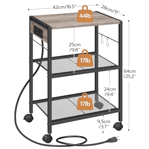 HOOBRO Industrial Printer Stand, 3-Tier Mobile Printer Table, Rolling Cart with Power Outlets and USB Ports, Home Printer Stand with 2 Hooks, for Office, Living Room, Greige and Black BG22UPS01 - color: Greige + Black