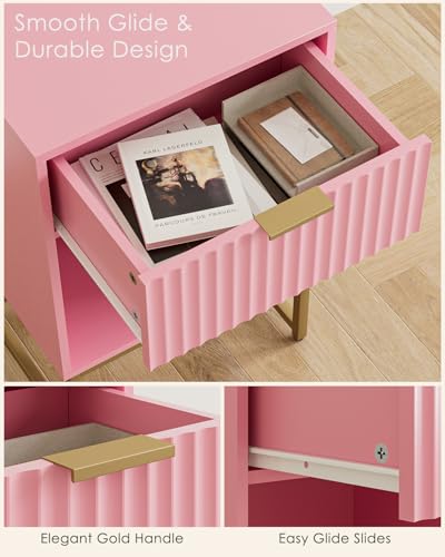 Masupu Fluted Nightstand, Modern Night Stand Wood Bedside Table with Storage Drawer Side End Table for Bedroom, Office, Pink - color: Flutted-pink