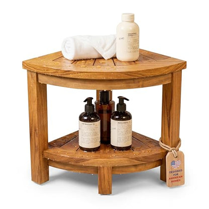 HOMESTEAD Teak Shower Stool with 2 Tier Storage Shelf, Compact Corner Shower Bench for Inside Shower, Bathroom Seat with Soap Holder, Shower Foot Rest and Shower Stool for Shaving Legs