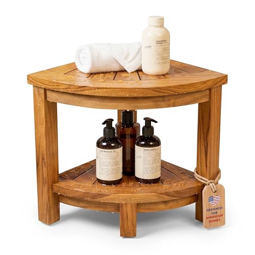 HOMESTEAD Teak Shower Stool with 2 Tier Storage Shelf, Compact Corner Shower Bench for Inside Shower, Bathroom Seat with Soap Holder, Shower Foot Rest and Shower Stool for Shaving Legs