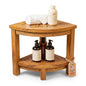 HOMESTEAD Teak Shower Stool with 2 Tier Storage Shelf, Compact Corner Shower Bench for Inside Shower, Bathroom Seat with Soap Holder, Shower Foot Rest and Shower Stool for Shaving Legs