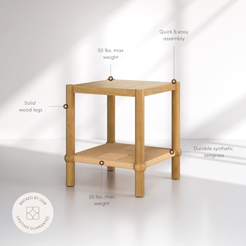 Nathan James River Modern Coastal Side Table with Solid Wood Legs and Seagrass Storage Shelf, Light Brown - color: Light Brown/Seagrass, size: Single