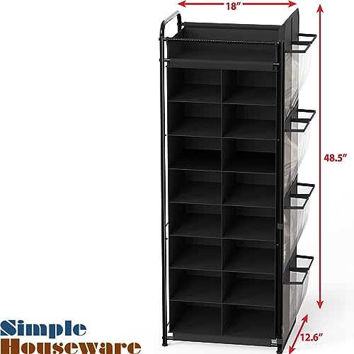 Simple Houseware 16 Cube Shoe Stand Tower Rack 8 Tier, Black | Top Shelf and Side Hanging Pockets - color: Black