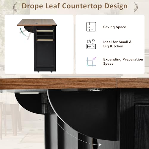 Ball & Cast Kitchen Island with Storage,53.7" Farmhouse Rolling Kitchen Island Cart w/Power Outlet & Drop Leaf,Mobile Island Table w/3 Drawers,Towel Rack and Spice Rack,for Home and Dining Room,Black - color: Black