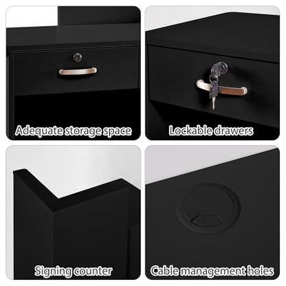 Reception Desk with Counter,Small Front Desk with Two Lockable Drawers,Cable Management Holes,Counter Table for Salon Lobby Office Home (Black) - color: Black