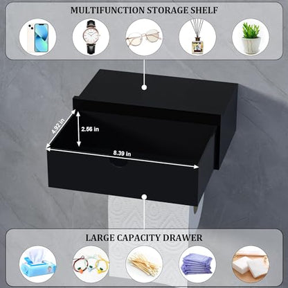 Domax Black Toilet Paper Holder with Shelf,Wall Mount/Adhesive Bathroom Toilet Paper Holder,Bamboo Wood Tissue Toilet Roll Holder with Storage Drawer for Organizer Wipes,Fits Any Room, Large - color: Black