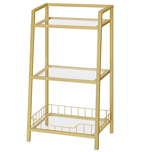 HOOBRO Gold Glass Shelf Stand, 3 Tier Standing Shelf Unit, Bathroom Organizer and Storage, Floor Storage Shelves Waterproof, for Bathroom, Laundry, Toilet, Tempered Glass, Gold GD77CJ01 - size: 15" L x 11.8" W x 30.3" H