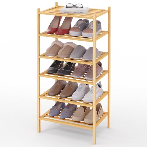 Smiry Small Bamboo Shoe Rack, 6 Tier Free Standing Wooden Shoe Organizer, Stackable Wood Shoe Storage Shelf for Closet, Entryway, 5 Horizontal Slats, 17.3"x11"x36.6", Natural - color: Natural, size: 6 Tier - 17.3" Wide