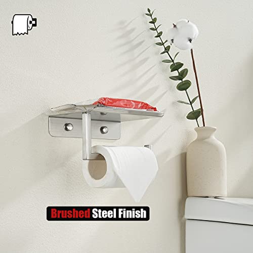 JQK Toilet Paper Holder Shelf, Bathroom Tissue Roll Holder with Phone Shelf, 5 Inch 304 Stainless Steel Tissue Paper Dispenser, Brushed Finished Wall Mount, TPH202-BN-T - color: Brushed