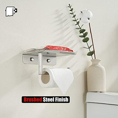 JQK Toilet Paper Holder Shelf, Bathroom Tissue Roll Holder with Phone Shelf, 5 Inch 304 Stainless Steel Tissue Paper Dispenser, Brushed Finished Wall Mount, TPH202-BN-T - color: Brushed