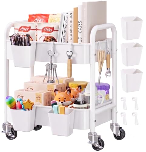 2 Tier Small Rolling Cart Metal with Wheels, White Under Desk Storage Cart on Wheels, Short Utility Roller Caddy Carts Organizer for Art,Craft,Pantry,Bathroom, Two Tiered Shelf Trolley,22 Inches Tall - color: Light White, size: 2 Tier + Cups + Hooks