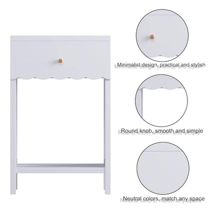 26“ Modern White Nightstand with Drawer and Open Shelf, Scalloped Edge Bedside Table for Bedroom, Cute Minimalist Side Table for Girls' Room (Light Purple)