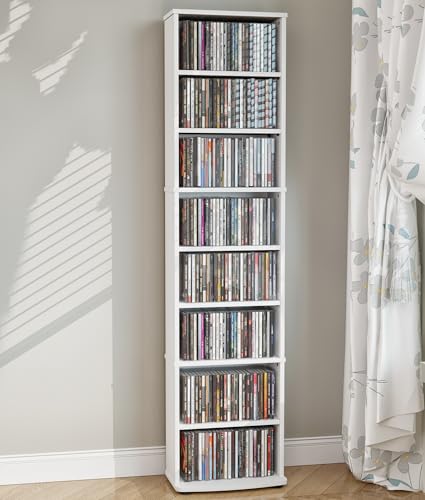 CD Tower Storage Rack, 8-Tier CD Storage Shelf with Adjustable Shelves DVD Stand Tower for Living Room Bedroom Office, White