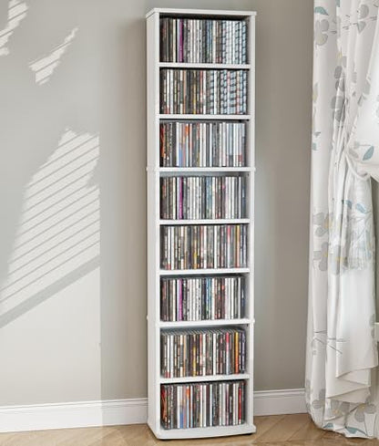 CD Tower Storage Rack, 8-Tier CD Storage Shelf with Adjustable Shelves DVD Stand Tower for Living Room Bedroom Office, White