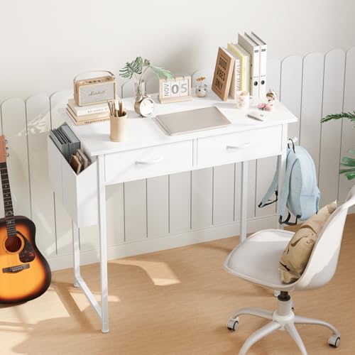 Anwick Compact Computer Desk with Storage Bag, Headphone Hook & Adjustable Feet - Modern Home Office Desk for Small Spaces, Bedroom or Study, Durable Metal Frame, Simple Design (White)