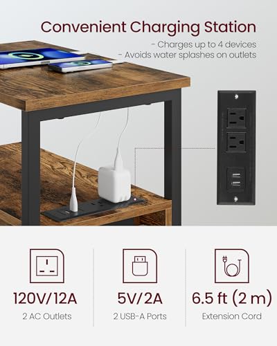 VASAGLE Side End Table with Charging Station, Slim Nightstand with 2 Drawers, Narrow Bedside Table for Living Room, Small Spaces, 18.9 x 11.8 x 24 Inches, Rustic Brown and Ink Black ULET324K101S - color: Rustic Brown + Ink Black, size: 18.9"D x 11.8"W
