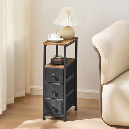 End Table, Narrow Side Table with 3 Fabric Drawers, Slim Nightstand, Small Bedside Table with Storage, Living Room, Bedroom, Rustic Brown HKET1300BR - color: Rustic Brown, size: 7.9" W x 15.7" D, style: No Power