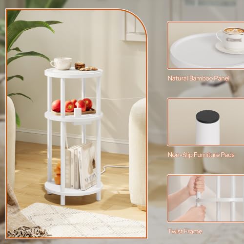 HOOBRO Set of 2 Small Round Side Tables with Charging Station, 3-Tier Round Bamboo End Tables, Easy Assembly, for Living Room, Bedroom, Apartment, White WT152UBZP201 - color: White