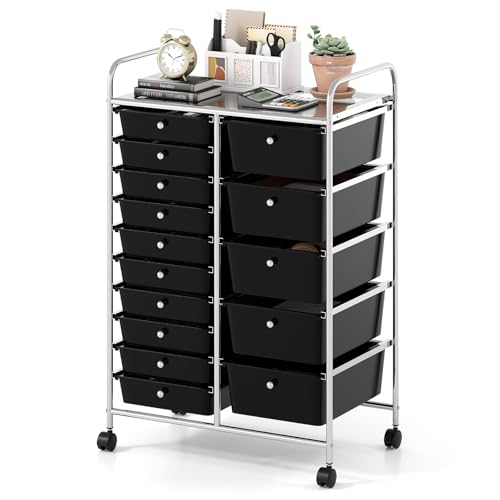 GOFLAME 15-Drawer Rolling Storage Cart, Multifunctional Art Craft Organizer Cart with Removable Drawers, Lockable Wheels and Metal Frame, Classroom Storage Cart for Home Office School, Black - color: Black, size: 15-Drawer