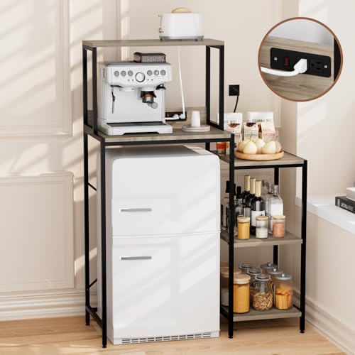 Mini Fridge and Microwave Stand Cabinet Shelf Organizer for Dorm, 5 Tiers Adjustable Over Mini Fridge Storage Bakers Rack with Power Outlet for Kitchens, Coffee Bar for Office,Gray - color: Grey