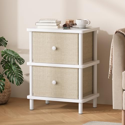 Apicizon Nightstand with 2 Drawers, Boho Side Table with Storage, White | Small End Table with Solid Wood Legs, for Small Spaces, Bedroom, Living Room, Entryway, Easy Assembly - color: White
