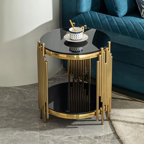 Magipa17.72 Round Sofa Side Table, End Table with 2-Tier Black Tempered Glass and Gold Stainless Steel Frame for Living Room, Office & Café - color: End Table Set of 1