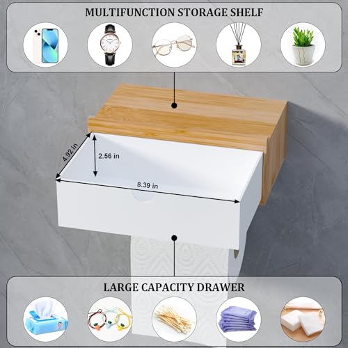 Domax Toilet Paper Holder with Shelf,Wall Mount/Adhesive Bathroom Toilet Paper Holder,Bamboo Wood Tissue Toilet Roll Holder with Storage Drawer for Organizer Wipes,Fits Any Room, Bamboo+White, Large - color: Bamboo+white