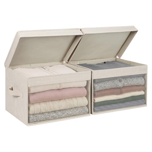 StorageWorks Fabric Storage Bins with Lids, Large Closet Storage Bins | Flip-Top Lid, Clear Window, Handles, Collapsible, for Clothes Blankets Books, Closet Box, Khaki and Beige Stripes, 2-Pack - color: Khaki and Beige Stripes(window), size: Large