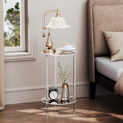 Clear Round Acrylic Side Table Set of 2 for Small Spaces, 11.81" L x 11.81" W x 19.82" H, 2 Tier Small Modern Drink End Table Nightstand, Mini Bedside Table for Living Room, Bedroom, Bathroom - size: 2 Tier 2-Pack (19.82"H)