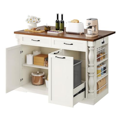 Roman Style Kitchen Island with Power Outlet & Trash Cabinet, | 47.6" Rolling Kitchen Island with Drop Leaf Tabletop, Kitchen Cart with Spice Rack & Drawers & Cabinets Coffee Bar Station