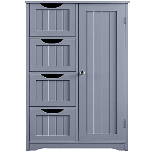 Topeakmart Bathroom Storage Cabinet Freestanding Floor Cabinet with 4 Drawers and a Door Cabinet for Living Room or Hallway, Gray - color: Grey, size: 26 x 14 x 35.5 In (LxWxH)
