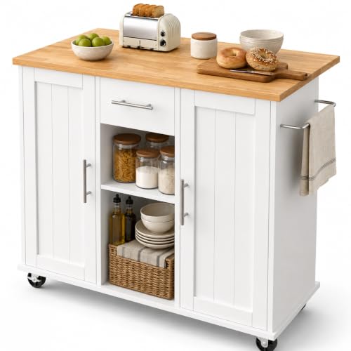 JY QAQA 42" Rolling Kitchen Island Cart with Storage, Drop Leaf Countertop, Drawers & Towel Rack, Mobile Kitchen Table on Wheels for Kitchen Dining Room, White - color: White