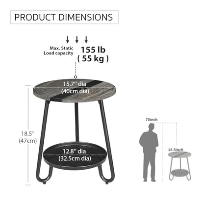 2 Tier Coffee Table in Living Room, Industrial Style Round Coffee Table with Metal Tray, Wood Small Outdoor Coffee Table for Bedroom Balcony Patio, Gray - color: Grey