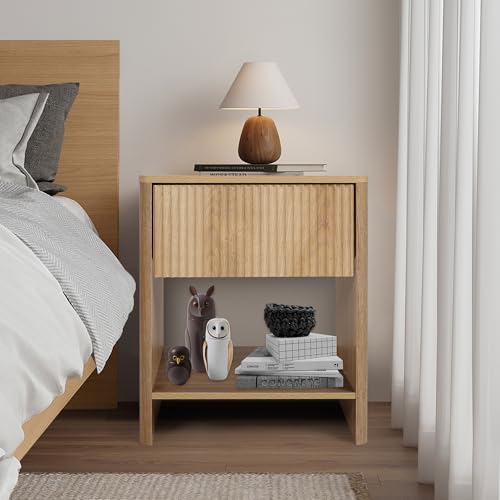 Mid Century Modern Night Stand with Drawer, Boho Nightstand for Bedroom, Small End Table with Storage, Living Room/Bed Side Table with Drawer for Small Spaces, Fluted Cabinet Wood Nightstand - color: Natural