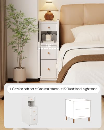 Solid Wood Narrow Nightstand with 3 Drawers,Modern White,Fully Assembled | Narrow night stand,gold handles,open Shelf,skinny bedside table,slim nightstand for bedroom storage,space-saving storage - color: White（15.75"d X 7.87"w X 23.62"h）