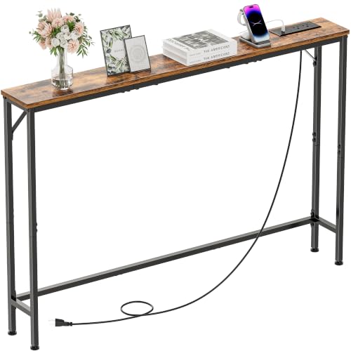 47.2" Console Table with Power Outlets, Narrow Entryway Table with Charging Station, Skinny Sofa Table for Entryway, Living Room, Foyer, Corridor, Office, Rustic Brown - color: Rustic Brown, size: with Outlets