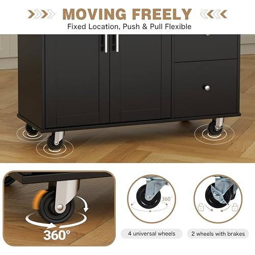 Shintenchi Kitchen Island with Folding Drop Leaf, Rolling Island Table with Storage, Kitchen Cabinet on Wheels with Seating Area for Kitchen, Bar Cart with Cabinet, Black - color: Black