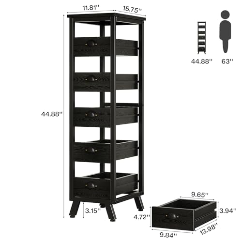 Tribesigns Black Wood Fruit and Vegetable Storage Rack, 5-Tier Narrow Snack Stand Kitchen Stand Fruit Basket, Pull-Out Utility Organizer for Kitchen, Living Room - color: Black